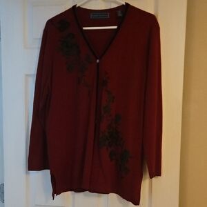 Karen Scott Red Cardigan with Black Floral Design
